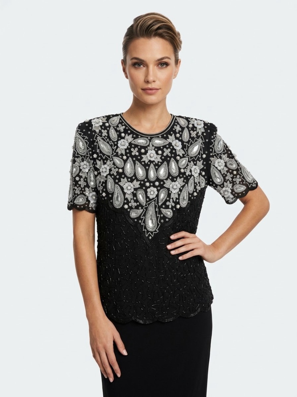 Laurence Kazar Black Blouse with Silver Beaded Paisley Yoke
